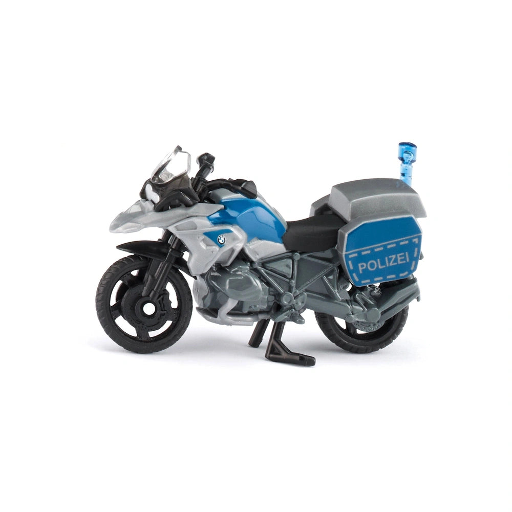 Siku BMW police motorbike model in blue and gray with glossy finish, showcasing detailed components on a white background.