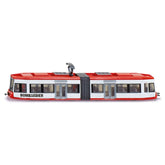 Siku Bombardier Tram features a red and white plastic body with clear windows and a black roof, designed as a play vehicle.