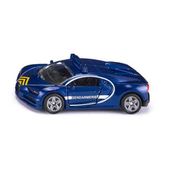 Siku Bugatti Chiron Gendarmerie toy car in blue with white and yellow accents, featuring a sleek design and five-spoke wheels