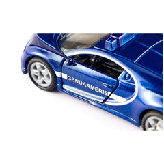 Siku Bugatti Chiron Gendarmerie toy car features a shiny blue body, matte wheels, and a white stripe with "Gendarmerie" text.