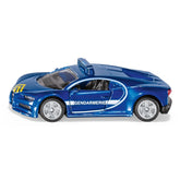Siku Bugatti Chiron Gendarmerie model in blue plastic with silver wheels, featuring "GENDARMERIE" text and yellow-black strip