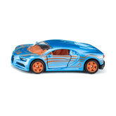 Siku Bugatti Chiron in glossy blue plastic with orange wheels, visible interior, and black side mirrors displayed frontally.