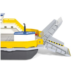 Siku car ferry toy playset features a glossy yellow vehicle with white and gray accents on a flat surface.