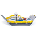Siku car ferry toy playset features yellow and gray plastic, with a blue, red, and white car on the deck.