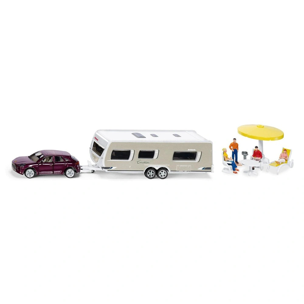 Siku toy playset features a purple car, white camper, and yellow umbrella on a plain white background.