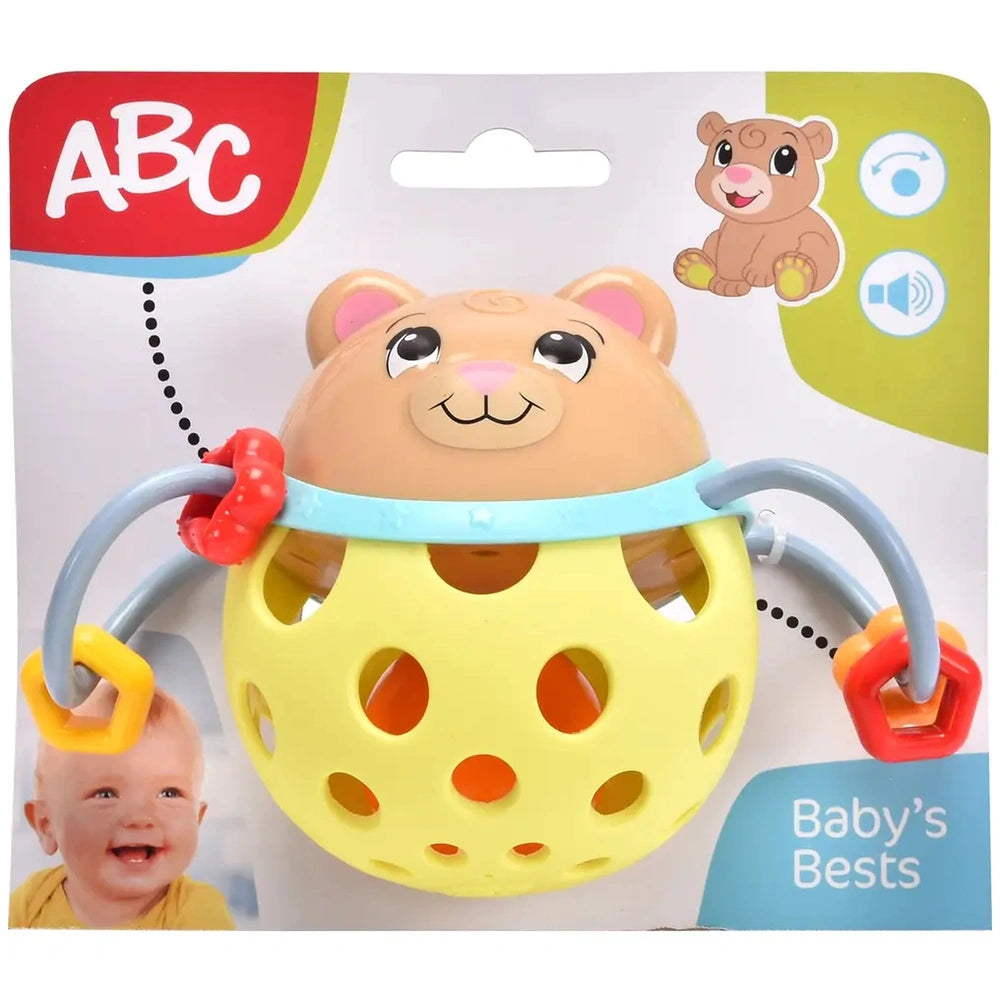 Simba ABC Rass Evi LOVE Ball is a colorful teething toy designed for babies, featuring a cartoon bear and an easy-grip handle