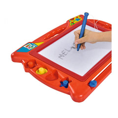 Simba Art & Fun Magic Drawing Board with red frame, white grid surface, colored erasers, and blue marker in use.