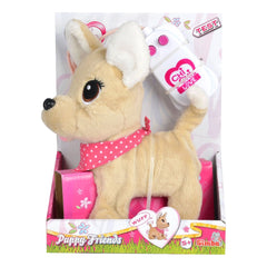Simba Chi Chi Love Puppy Friends plush toy in a colorful box with a remote control, featuring a cute beige dog design.