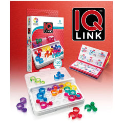 Smart Games IQ Link packaging features a colorful puzzle toy with interlocking pieces and 120 challenges for ages 8 to adult.