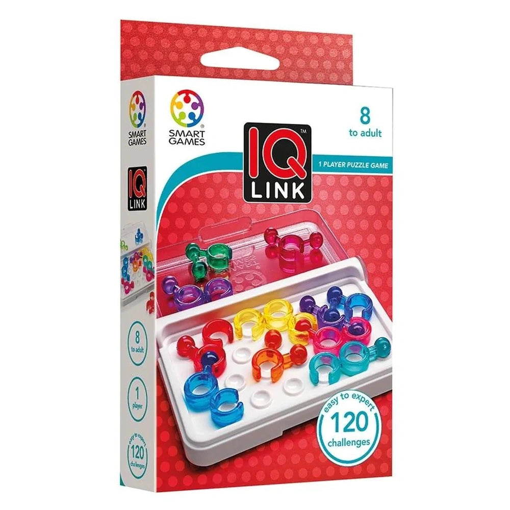 Smart Games IQ Link packaging features a colorful design with a tray of rings and connectors for logic puzzles.