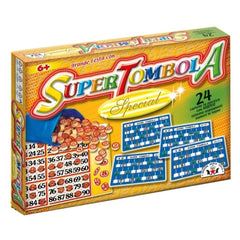 STELLA Super Tombola board game packaging features yellow background, red and blue numbers, bingo cards, and plastic cover.