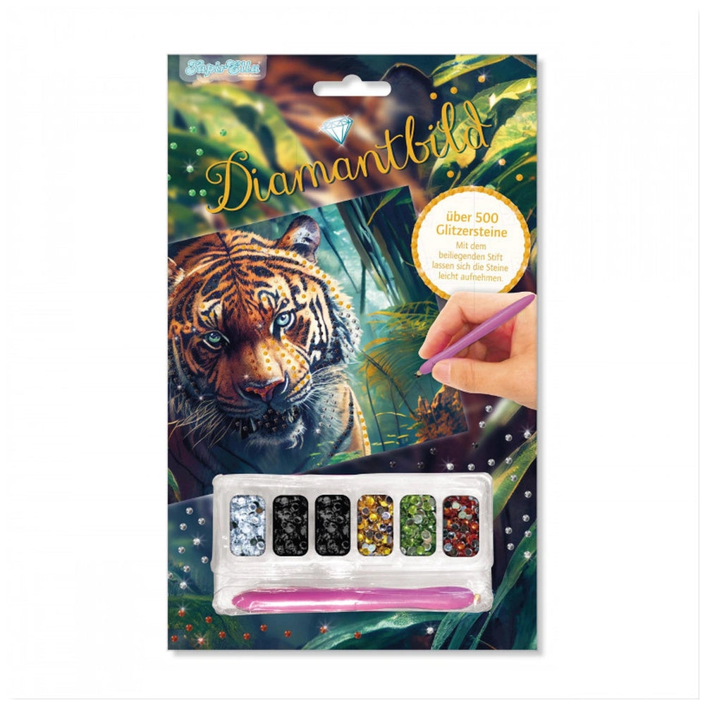 TapirElla Diamond Painting Tiger packaging features a glossy tiger image on a gradient background with compartments for nail