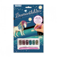 TapirElla diamond painting kit featuring a glittery unicorn, glossy deep blue packaging with stars, and "Diamantbilde" text.