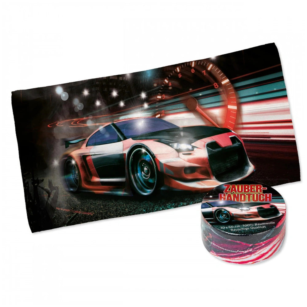 TapirElla Magic towels Cars in orange and black matte packaging with a speedometer background, featuring 100% quality text.