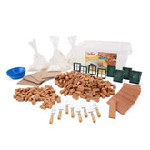 Teifoc construction kit features assorted wooden blocks, a clear plastic container, and a blue bowl on a white surface.