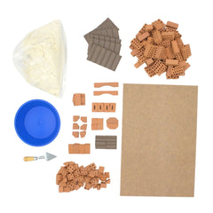 Teifoc arts and crafts set features assorted wooden pieces, a blue bowl, a white bag, and a large brown cardboard sheet.