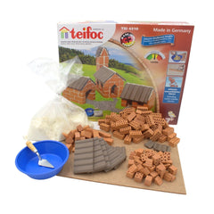 Teifoc construction toy set includes 155 pieces, a blue bowl, wooden spoon, and sand, all in earthy tones.