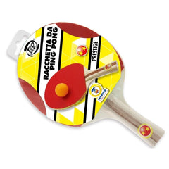 Teo Sport Prestige Table Tennis Racket features a red surface, yellow ball, and a white handle with decorative stars and stri