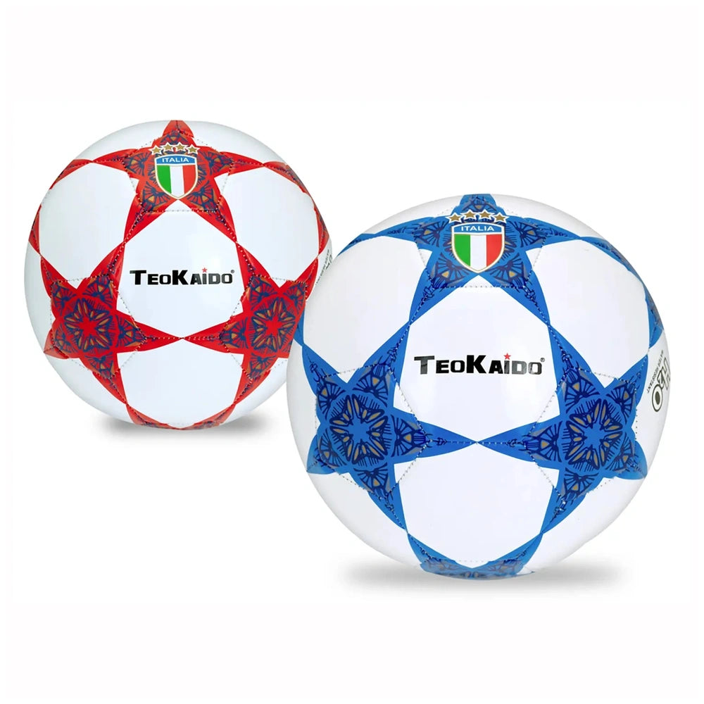 TeoKaido Italia Star Waterproof Footballs in red/white and blue/white patterns with glossy finishes and star designs.