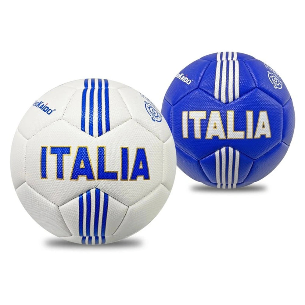 TeoKaido Italia Flag Football Size 5 features two blue soccer balls with white stripes and bold "ITALIA" text on a glossy sur