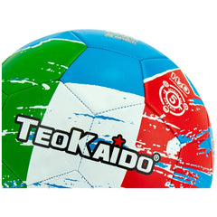 TeoKaido soccer ball features a vibrant design with blue, green, red, and white colors, showcasing its brand prominently.