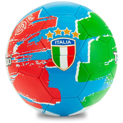 TeoKaido soccer ball features a vibrant design with Italy's flag colors, stars, and stripes on a smooth glossy surface.