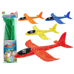 Teorema large foam glider aeroplane in vibrant colors with a glittery finish, showcased against a white background.