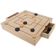 Teorema 3-in-1 wooden board game set features a light wood board with black and beige pieces arranged strategically.