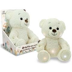 Teorema GoGo Luminous Sleep Aid Bear is a soft, white teddy bear sitting upright in a colorful cardboard box.