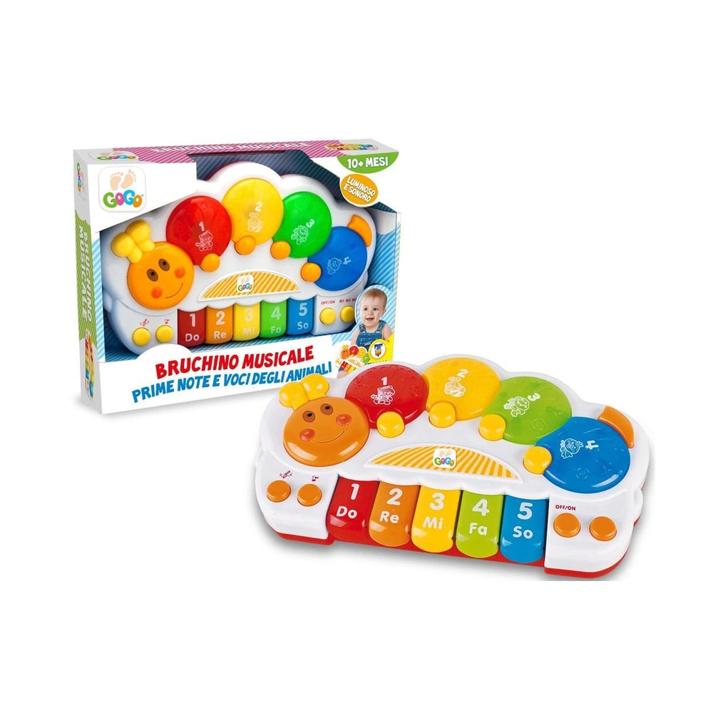 Teorema GoGo Musical Caterpillar Learning Toy features a colorful keyboard with animal sounds, designed for young children.
