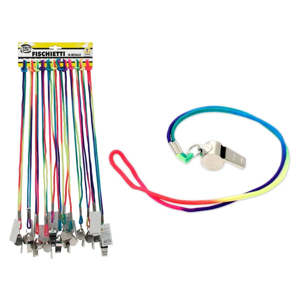 Teorema metal whistle with a rainbow lanyard displayed alongside colorful bracelets and a USB keychain on a white background.