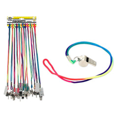 Teorema metal whistle with a rainbow lanyard displayed alongside colorful bracelets and a USB keychain on a white background.