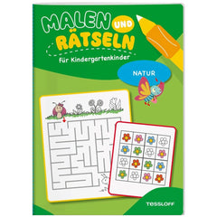 TESSLOFF's "Malen und Rasteseln" book cover features colorful illustrations, a maze puzzle, and a green background for kinder