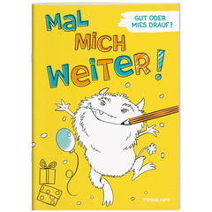 TESSLOFF's Mal Mich Weiter book cover features a yellow background with a cartoon animal holding a pencil and playful text.