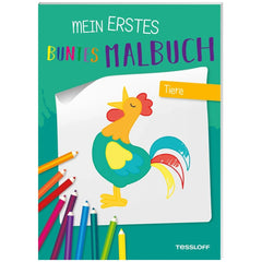 TESSLOFF My First Colorful Coloring Book features a glossy cover with a vibrant rooster illustration against a teal backgroun