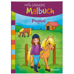TESSLOFF's "Mein Schönste Malbuch" features a colorful cover with a girl and pony in a vibrant outdoor scene.