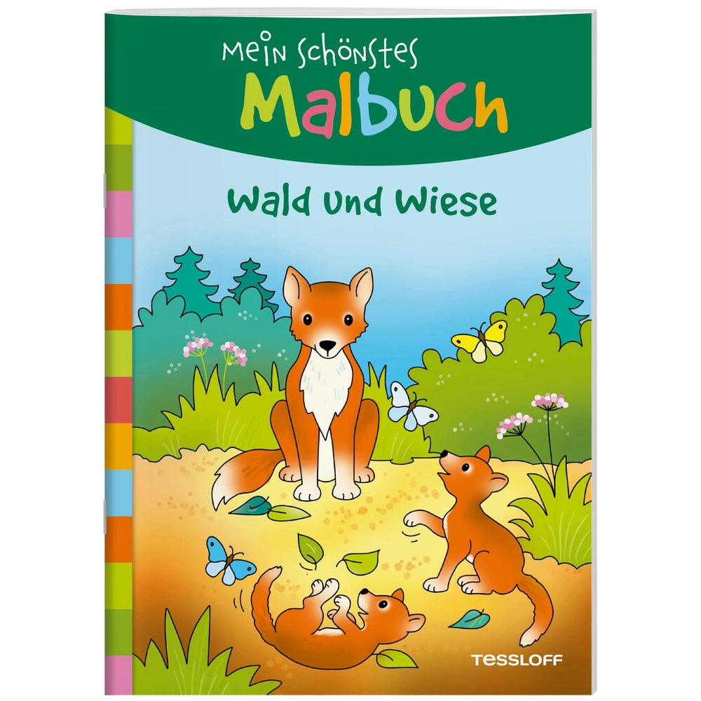 TESSLOFF - My Most Beautiful Coloring Book features a colorful illustration of a fox and rabbits in a vibrant outdoor setting