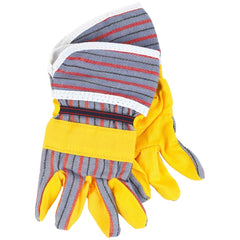 Theo Klein Bosch accessories set featuring red, white, and blue striped gloves with yellow cuffs and padded backhand for prot