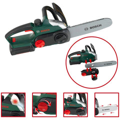 Theo Klein Bosch chainsaw in green and black, featuring a silver blade, trigger mechanism, and red button with "BOSSCH" text.