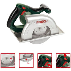 Theo Klein Bosch circular saw features a green plastic handle, silver blade, red button, and white base with printed branding