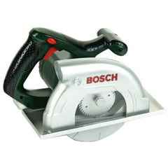 Theo Klein Bosch circular saw in green and black with a silver blade, white base, and red button, showcasing pretend play fea