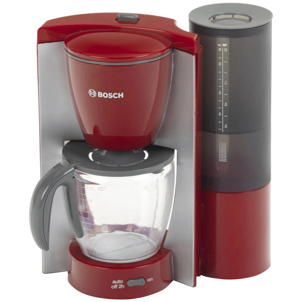 Theo Klein Bosch coffee maker with red top, gray base, clear carafe, control buttons, and display screen for pretend play.