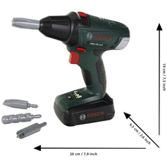 Theo Klein Bosch cordless drill and screwdriver in green with a black battery and red battery cap, ideal for pretend play.