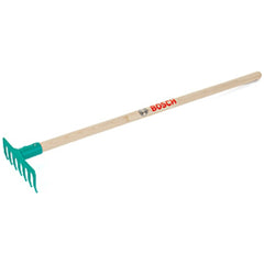 Theo Klein Bosch garden rake with a green plastic head and brown wooden handle, featuring "BOSS" in red on the handle.