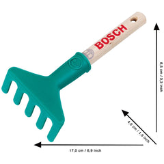 Theo Klein Bosch Garten hand rake features a brown wooden handle and a green plastic head, ideal for outdoor play.