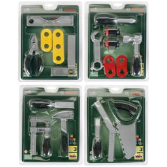 Theo Klein Bosch tool set in retail packaging featuring a green cardboard background and clear plastic window, includes vario