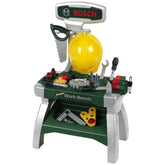 Theo Klein Bosch Workbench Junior features a colorful yellow and green workbench with red and silver tools including a hammer