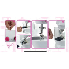 Theo Klein kids sewing machine in white with pink button, featuring clear plastic components and metal needle for arts and cr