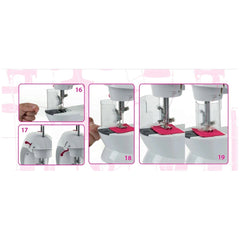 Theo Klein Kids Sewing Machine features a clear base, transparent top, red component, and visible numbers "16" and "19".