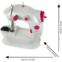 Theo Klein kids sewing machine in white with red needle and black presser foot, featuring various functional components.
